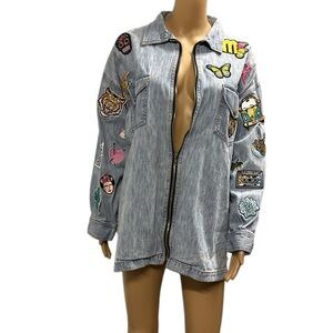 Y2K Nada Nuff Contempo Patch Zip Up Long Sleeve Jean Shirt Jacket Medium